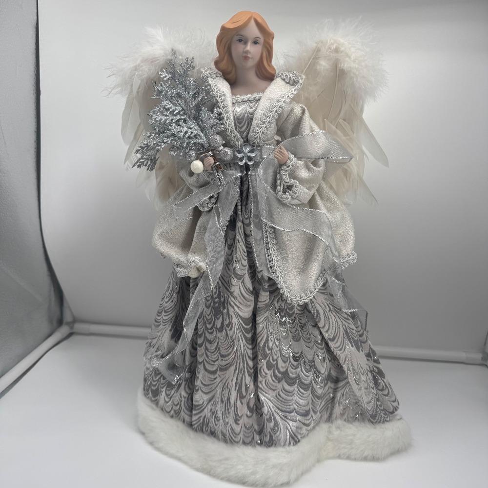 Elegant 18" White & Silver Angel Christmas Tree Topper - Porcelain Face